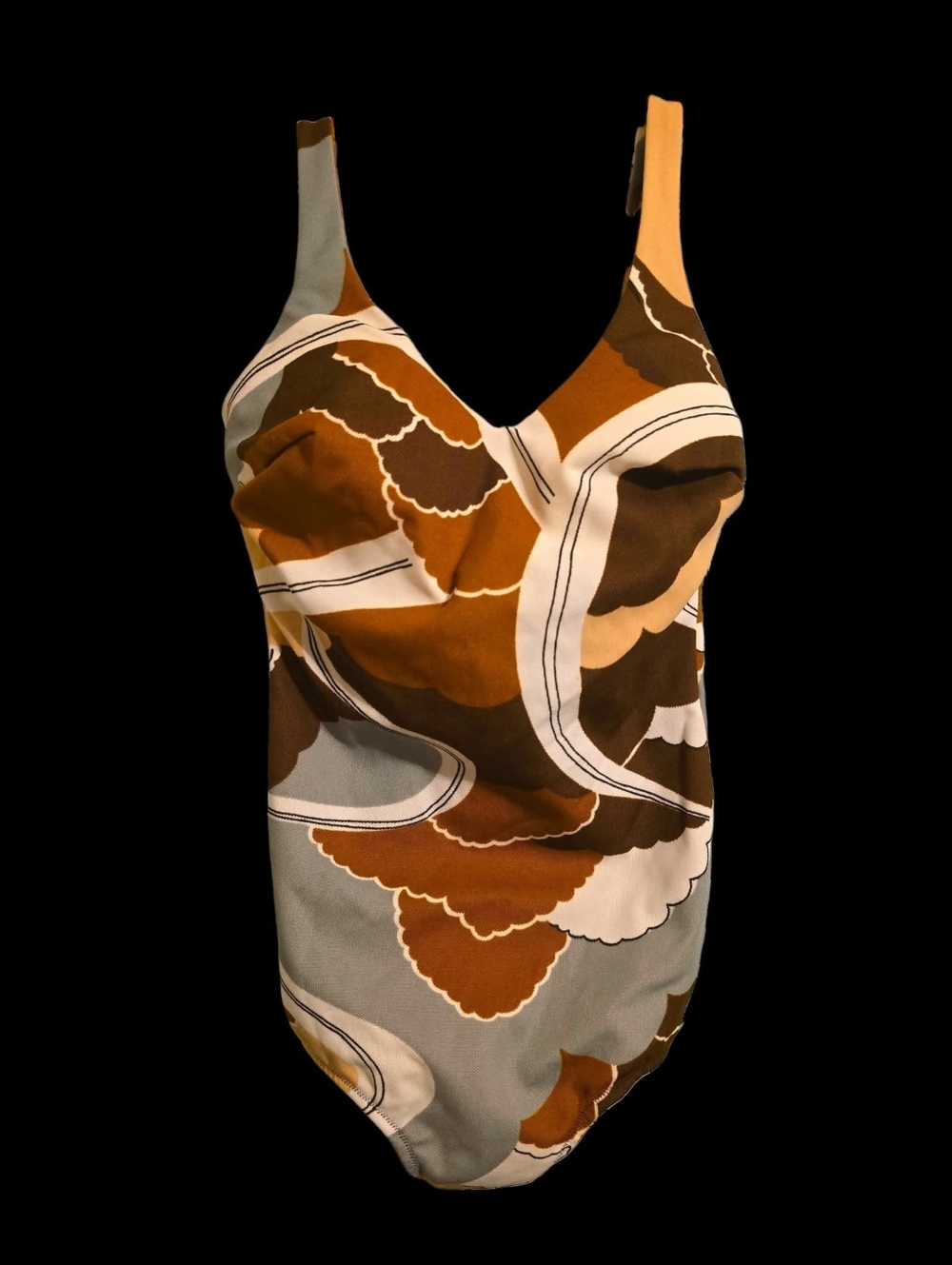 Vintage | Retro Groovy Abstract Print One-Piece Swimsuit — Brown & Gray - Picture 1 of 8